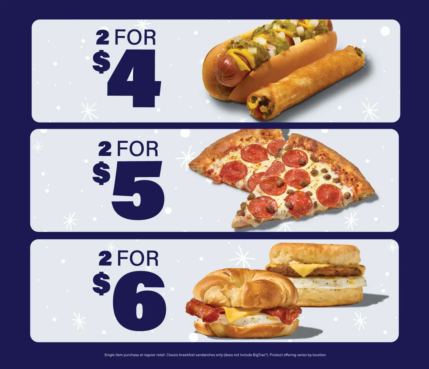 2 roller grill items for just $4, 2 slices of pizza for $5, and 2 breakfast sandwiches for $6 at RaeTrac