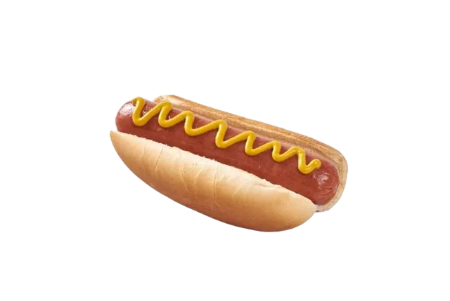 Hot dog with yellow mustard in a bun.