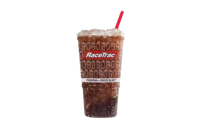 Fountain drink with ice in a large RaceTrac cup.