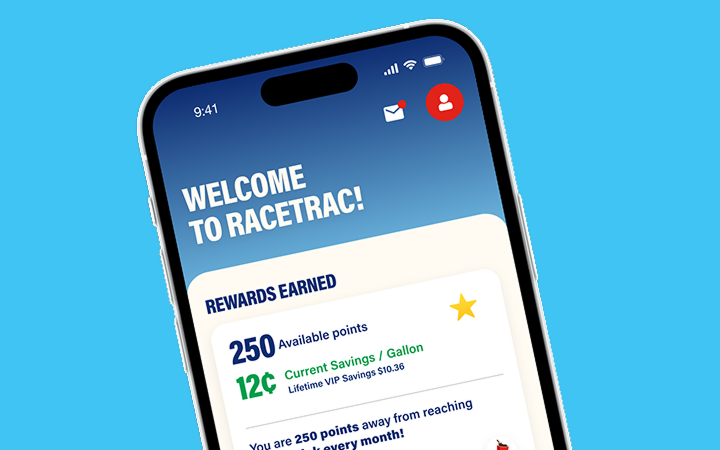 RaceTrac Rewards app welcome screen.